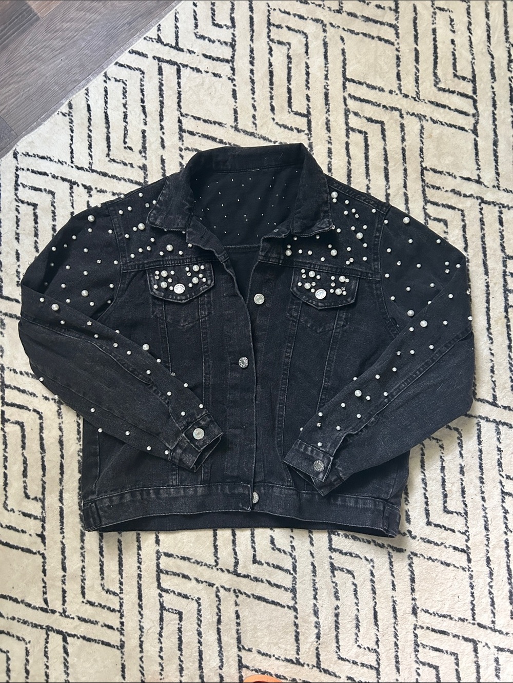 FantasyGears Women’s Pearls Denim Jacket Rhinestones